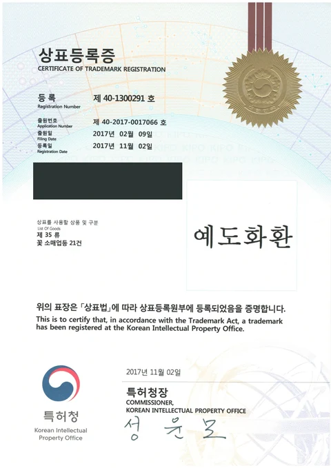 예도화환 상표등록증 40-1300291, 제35류